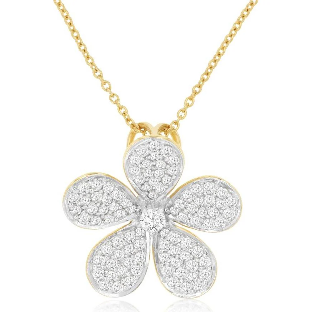 14K Yellow Gold Flower Pendant Necklace with Pavé Set Round Diamonds - 0.60 Carat Total Diamond Weight - Royal Jewelry