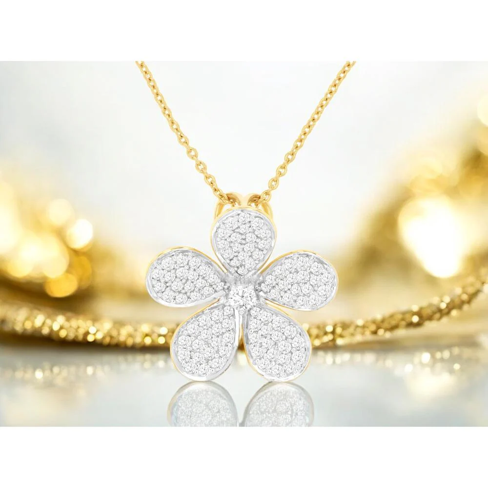 14K Yellow Gold Flower Pendant Necklace with Pavé Set Round Diamonds - 0.60 Carat Total Diamond Weight - Royal Jewelry - Image 2