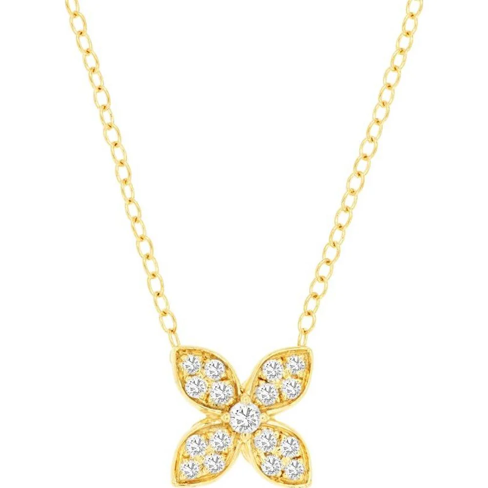 14K Yellow Gold Flower Pendant Necklace with Round Cut Diamonds - 0.16 Carat Total Diamond Weight - Royal Jewelry