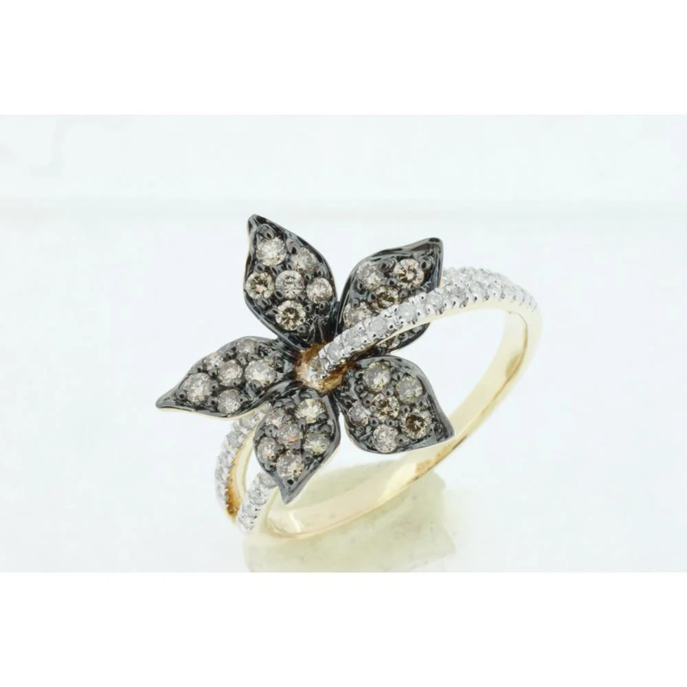 14K Yellow Gold Flower Ring with Round White and Mocha Diamonds - 0.62 Carat Total Diamond Weight - Royal Jewelry