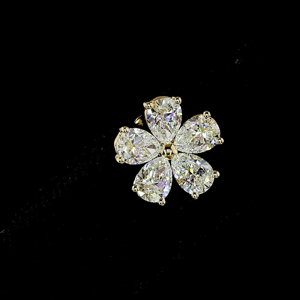 14K Yellow Gold Flower Stud Earrings with Inclined Pear-Shaped Lab Diamonds - 3.25 Carat Total Weight (E-F Color, VS Clarity) - Covaloro Fine Jewelry - Image 2