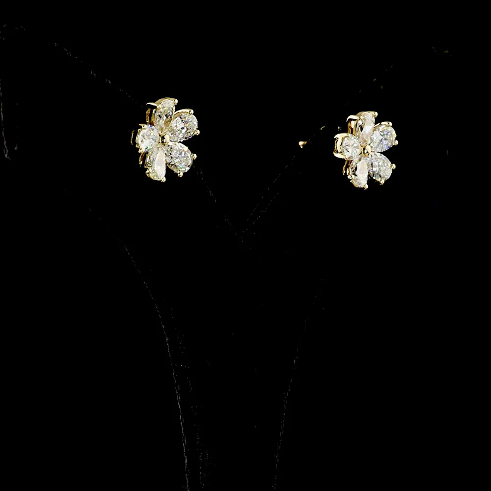 14K Yellow Gold Flower Stud Earrings with Inclined Pear-Shaped Lab Diamonds - 3.25 Carat Total Weight (E-F Color, VS Clarity) - Covaloro Fine Jewelry - Image 3