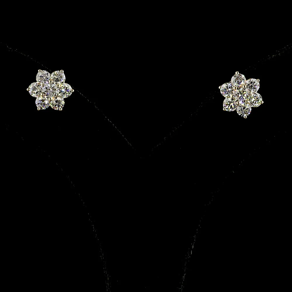 14K Yellow Gold Flower Stud Earrings with Round Brilliant Cut Lab Diamonds - 1.88 Carats Total Diamond Weight - Covaloro Fine Jewelry