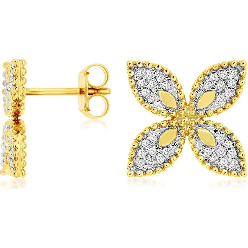 14K Yellow Gold Flower Stud Earrings with Round Diamonds - 0.16 Carat Total Diamond Weight - Royal Jewelry