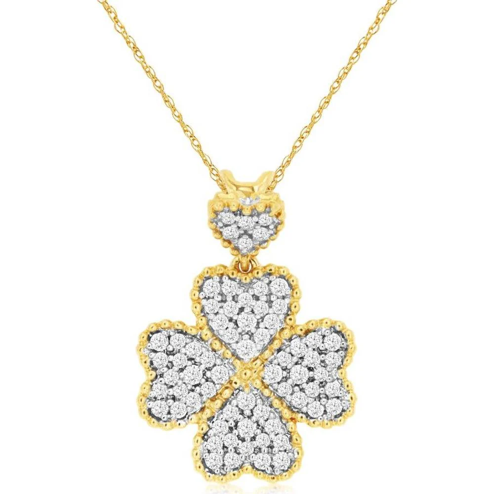 14K Yellow Gold Four-Leaf Clover Motif Pendant with Pave-Set Round Diamonds - 0.20 Carat Total Diamond Weight - Royal Jewelry