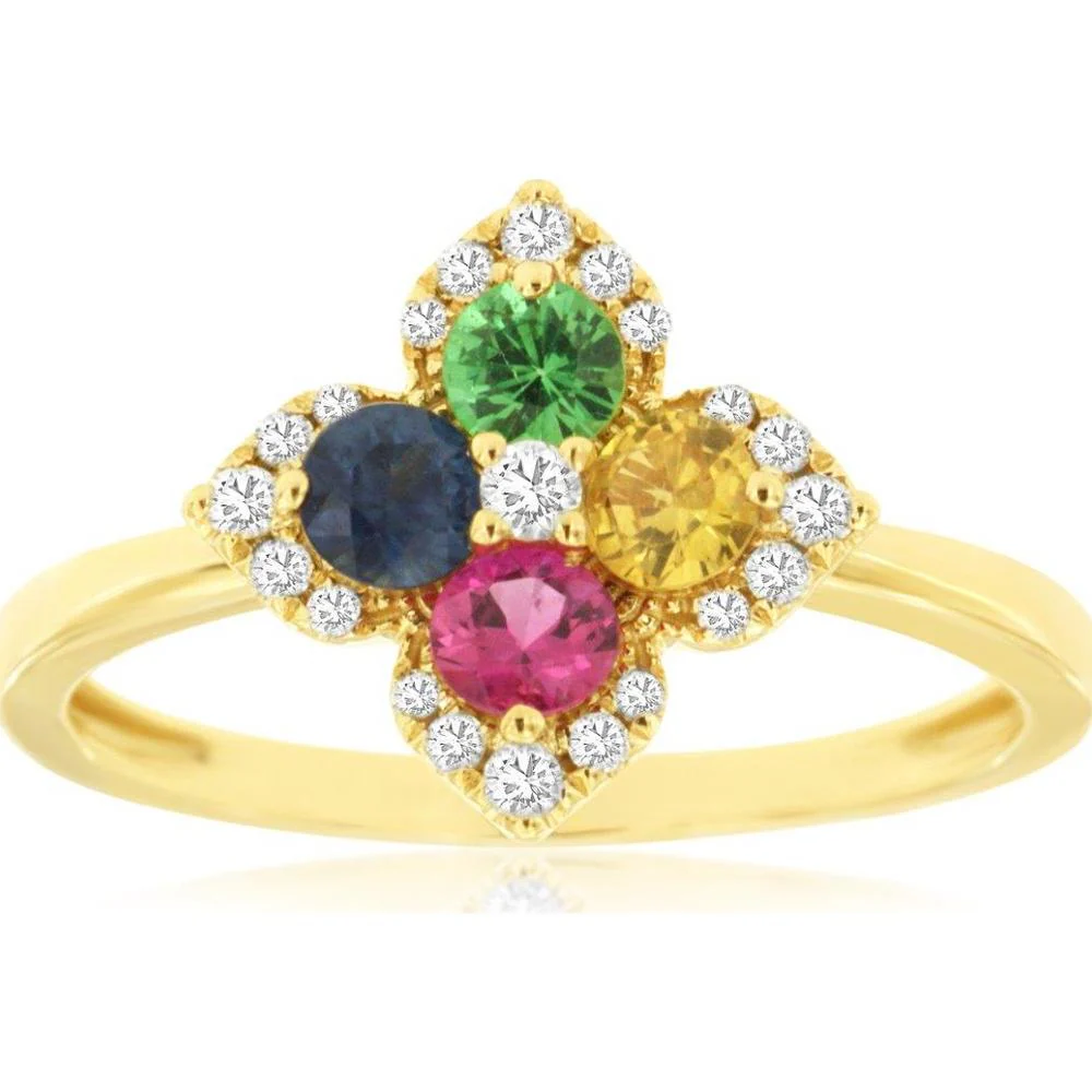 14K Yellow Gold Four-Leaf Clover Ring with 0.52 Carat Multicolor Fancy Sapphires and 0.16 Carat Diamond Halo - Royal Jewelry