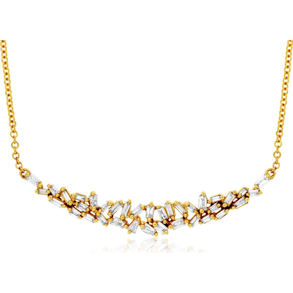 14K Yellow Gold Free Form Baguette Diamond Cluster Necklace - 0.42 Carat Total Diamond Weight - Royal Jewelry