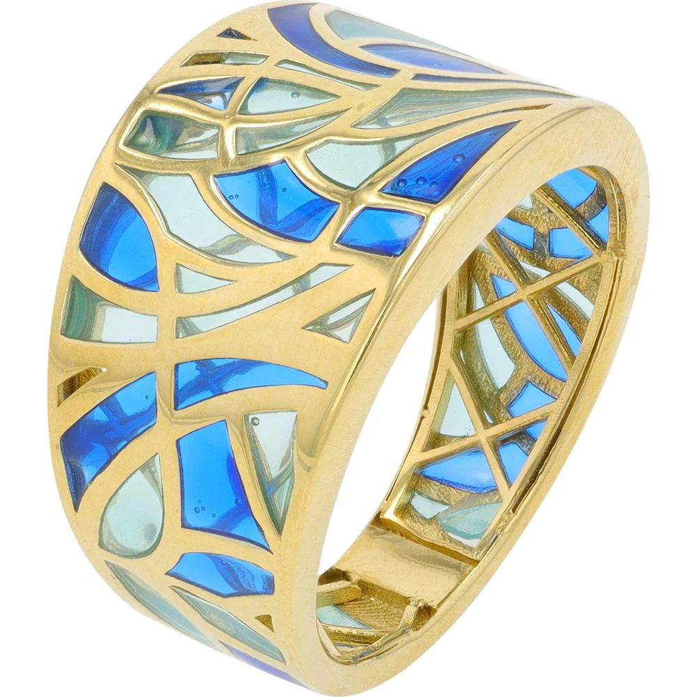 14K Yellow Gold Free Form Enamel Ring with Blue and Teal Accents