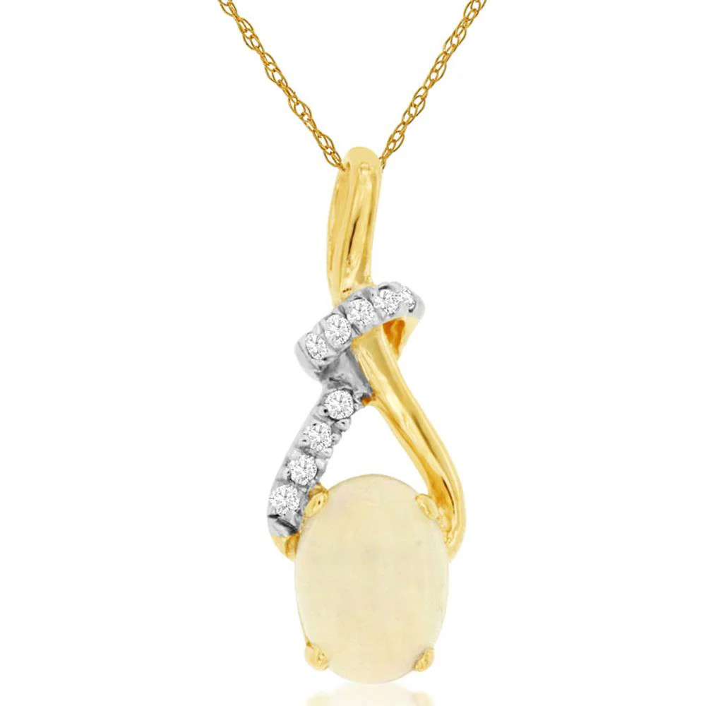 14K Yellow Gold Free-Form Pendant with Oval Opal and Diamond Accents - 0.50 Carat Opal, 0.06 Carat Total Diamond Weight - Royal Jewelry