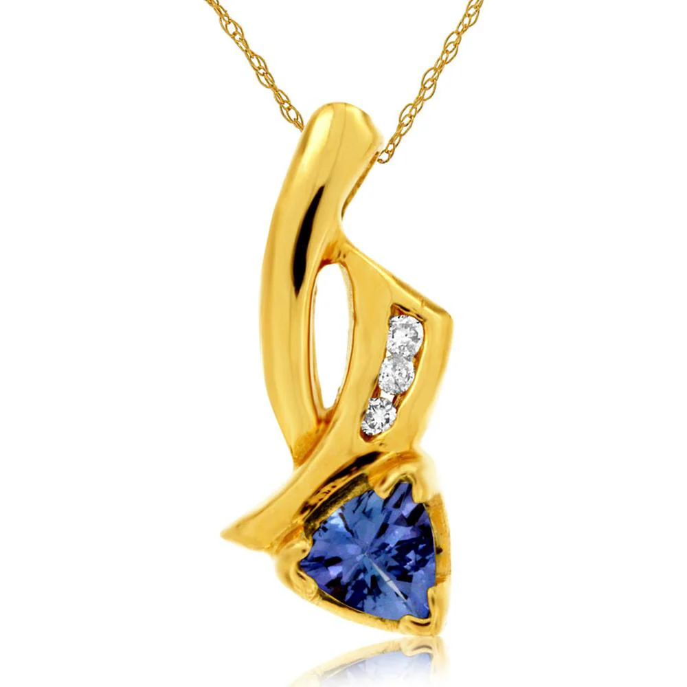14K Yellow Gold Free Form Tanzanite Pendant with Trillion Cut Gemstone and Round Diamond Accents - 0.30 Carat Tanzanite and 0.03 Carat Diamonds - Royal Jewelry