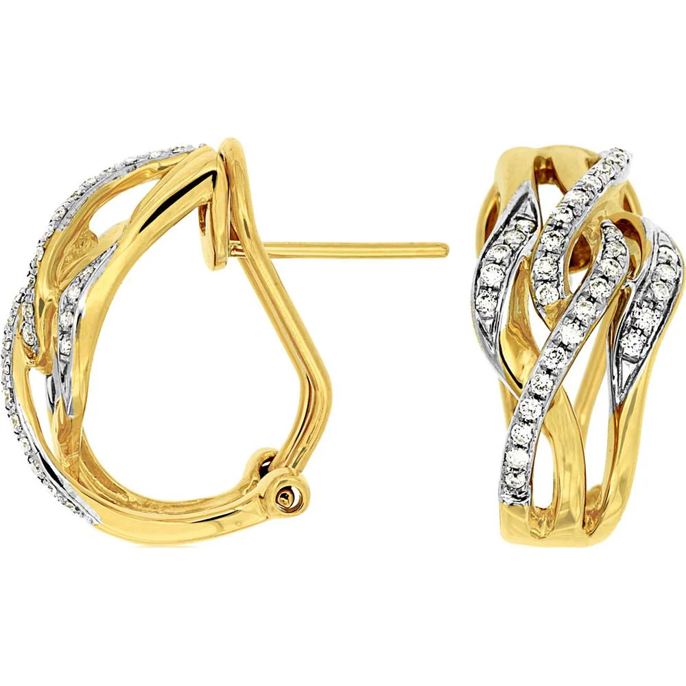 14K Yellow Gold Free Form Two-Tone Earrings with Round Diamond Accents - 0.26 Carat Total Diamond Weight - Royal Jewelry
