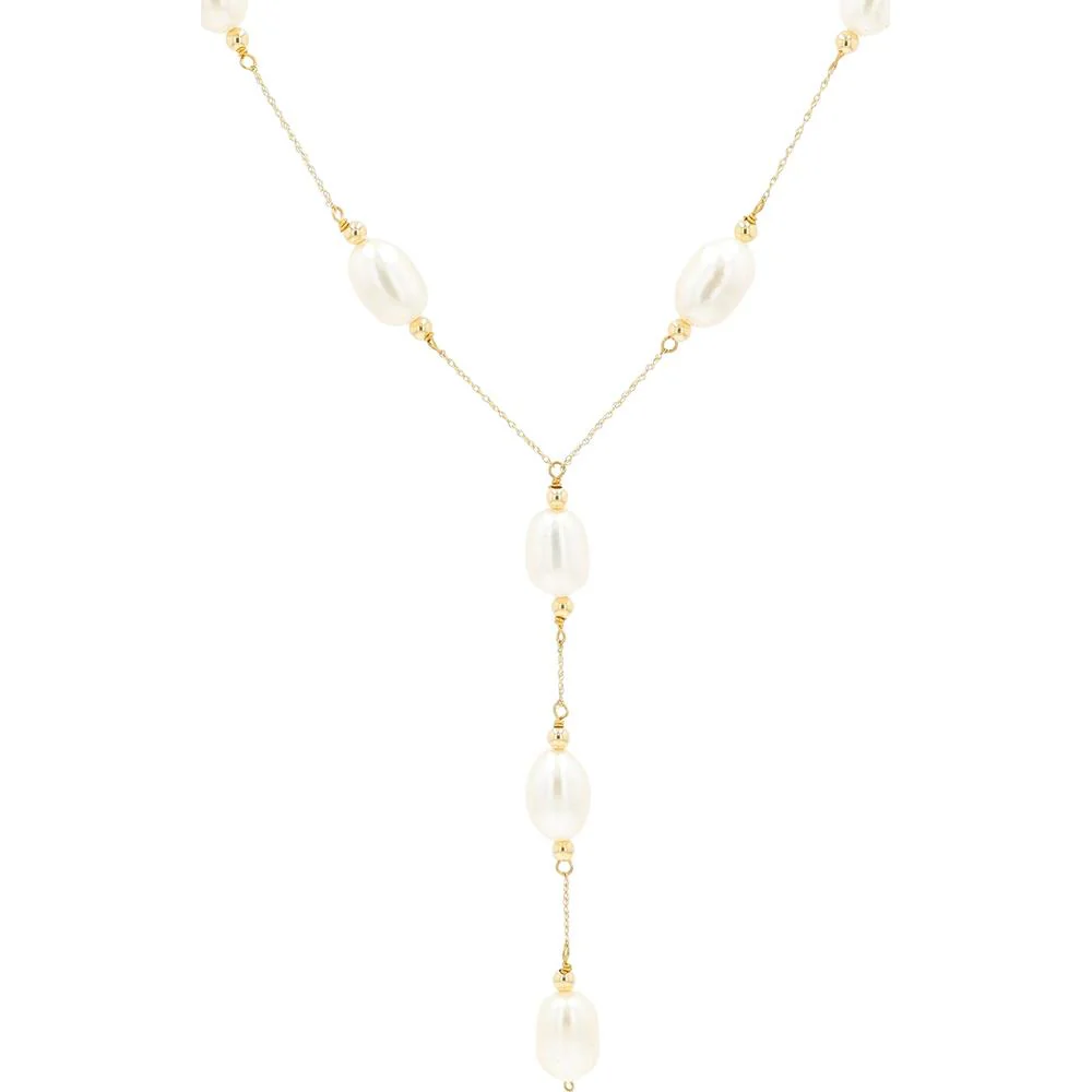 14K Yellow Gold Fresh Water Pearl Lariat Necklace - 8x10mm Pearls