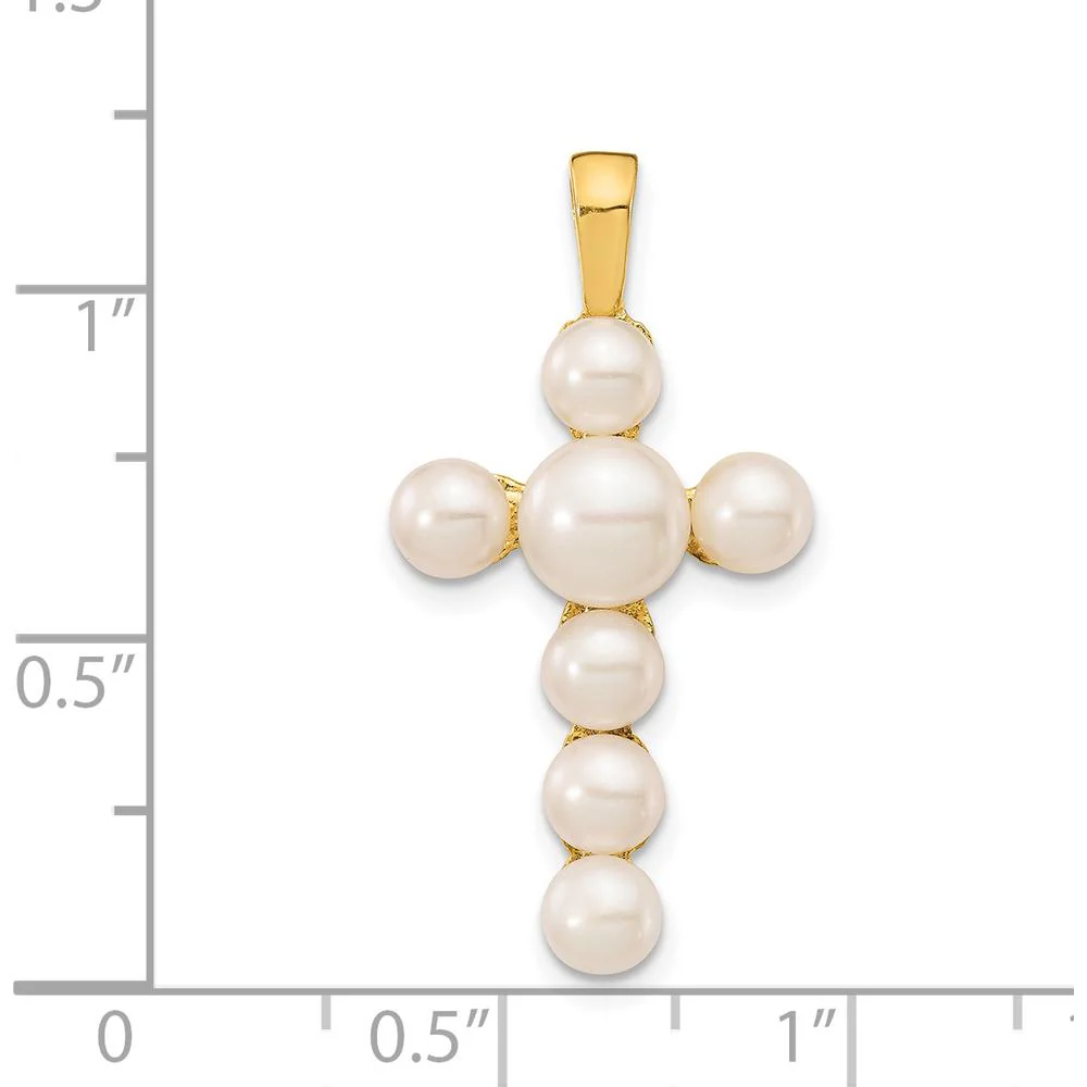 14K Yellow Gold Freshwater Cultured Pearl Cross Pendant with 7 Button Pearls - 4-6mm Size Range by Monteluci Fine Jewelry - Image 3