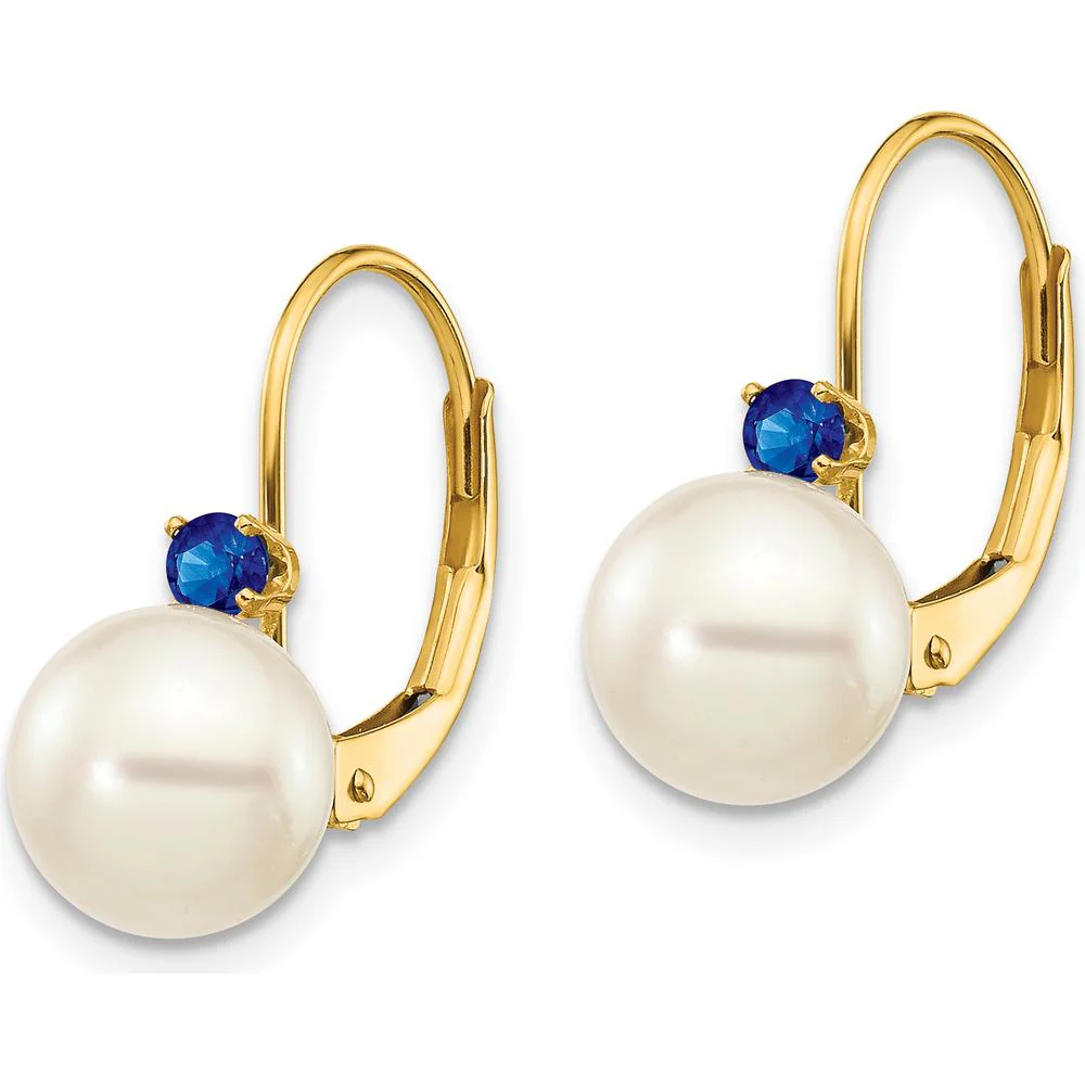 14K Yellow Gold Freshwater Pearl and Sapphire Leverback Earrings - 0.13 Carat Total Sapphire Weight by Monteluci Fine Jewelry - Image 2