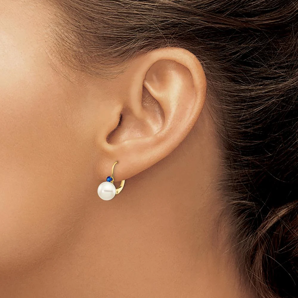 14K Yellow Gold Freshwater Pearl and Sapphire Leverback Earrings - 0.13 Carat Total Sapphire Weight by Monteluci Fine Jewelry - Image 3