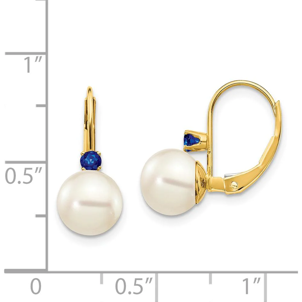 14K Yellow Gold Freshwater Pearl and Sapphire Leverback Earrings - 0.13 Carat Total Sapphire Weight by Monteluci Fine Jewelry - Image 4