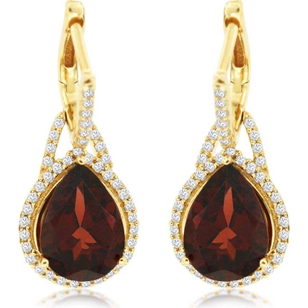 14K Yellow Gold Garnet & Diamond Drop Earrings - 4.5 Carats Total Garnet Weight, 0.40 Carats Total Diamond Weight - Royal Jewelry