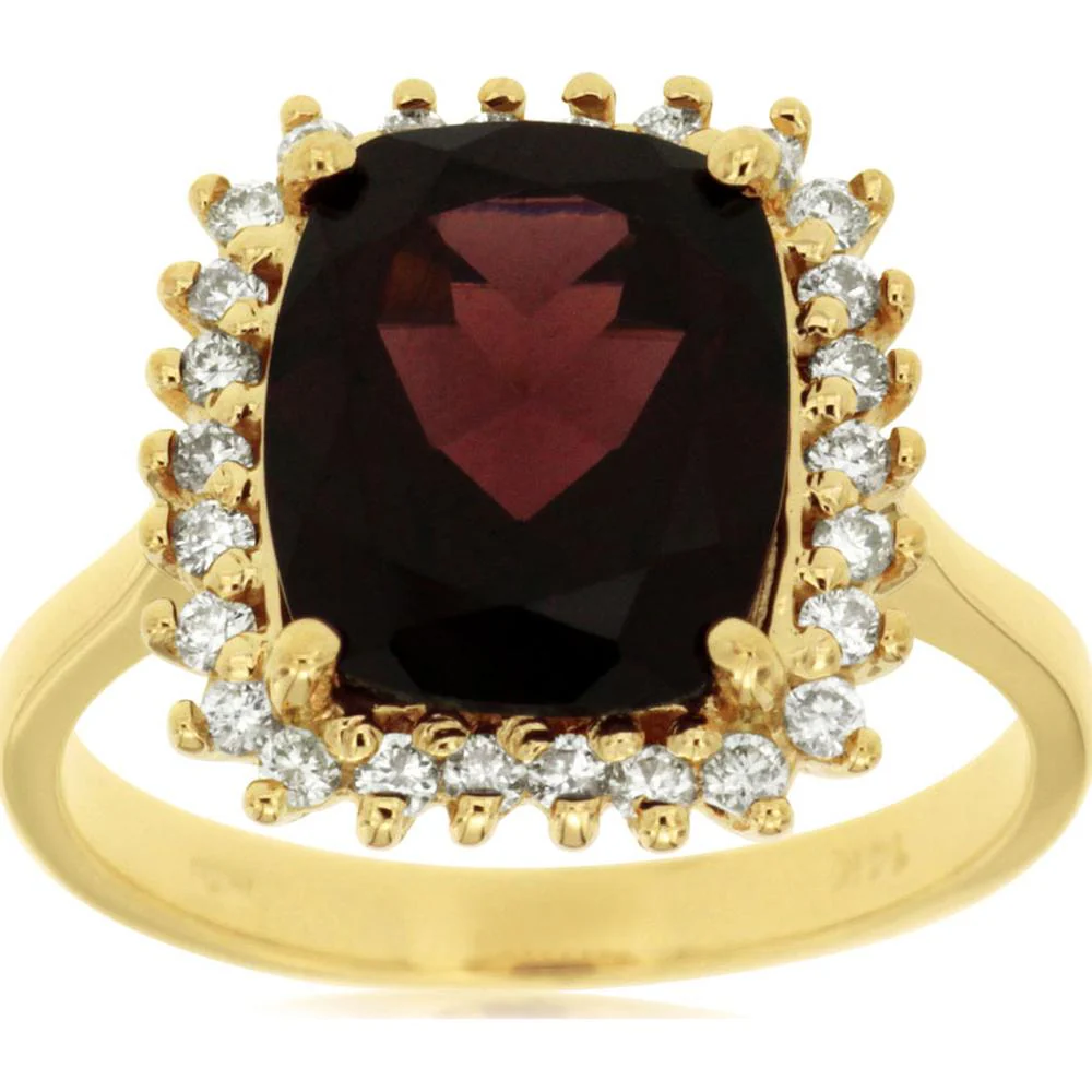 14K Yellow Gold Garnet & Diamond Halo Ring - 5.10 Carats Total Gem Weight - Royal Jewelry