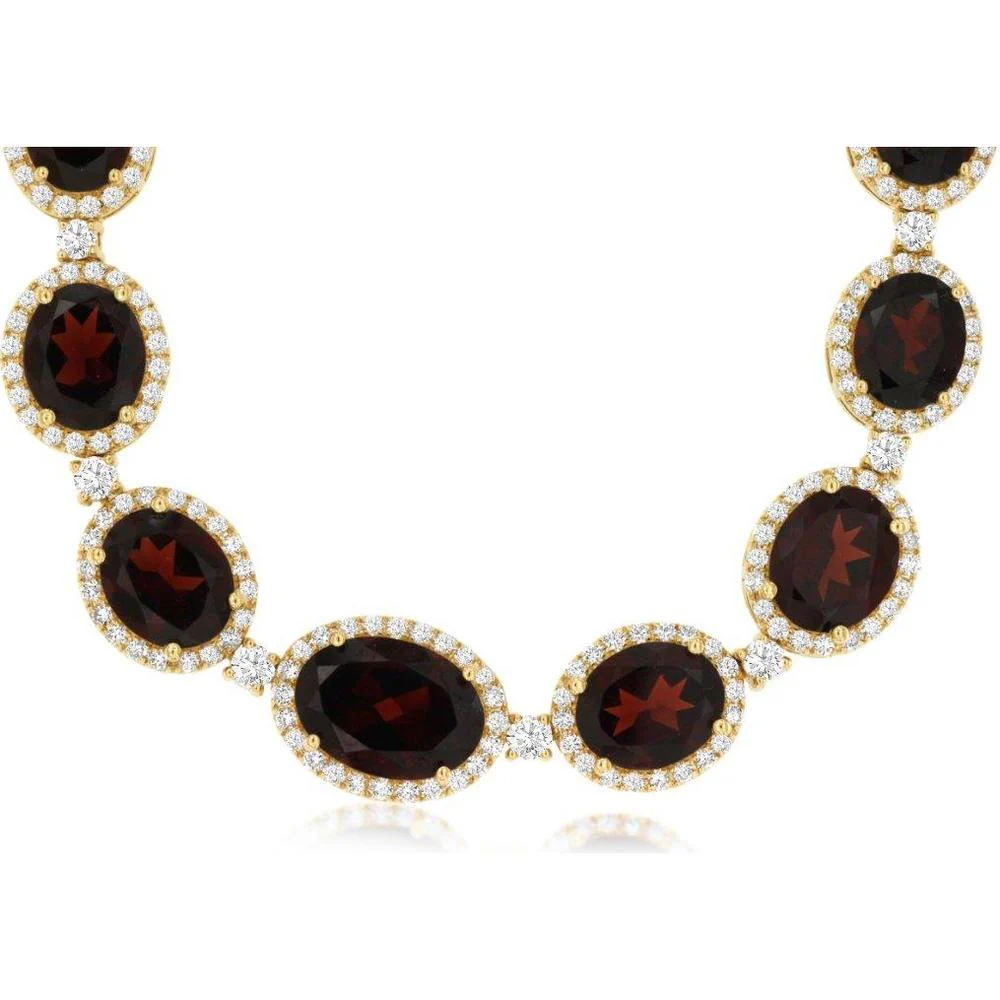 14K Yellow Gold Garnet & Diamond Necklace - 10 Carats Total Garnet Weight, 60 Carats Total Diamond Weight - Royal Jewelry
