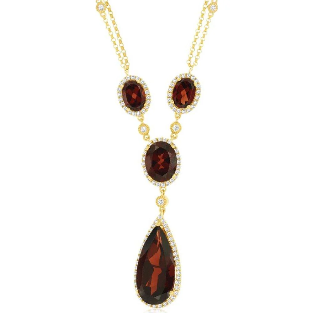 14K Yellow Gold Garnet and Diamond Pendant Necklace - 8 Carats Total Garnet Weight, 0.80 Carats Total Diamond Weight - Royal Jewelry
