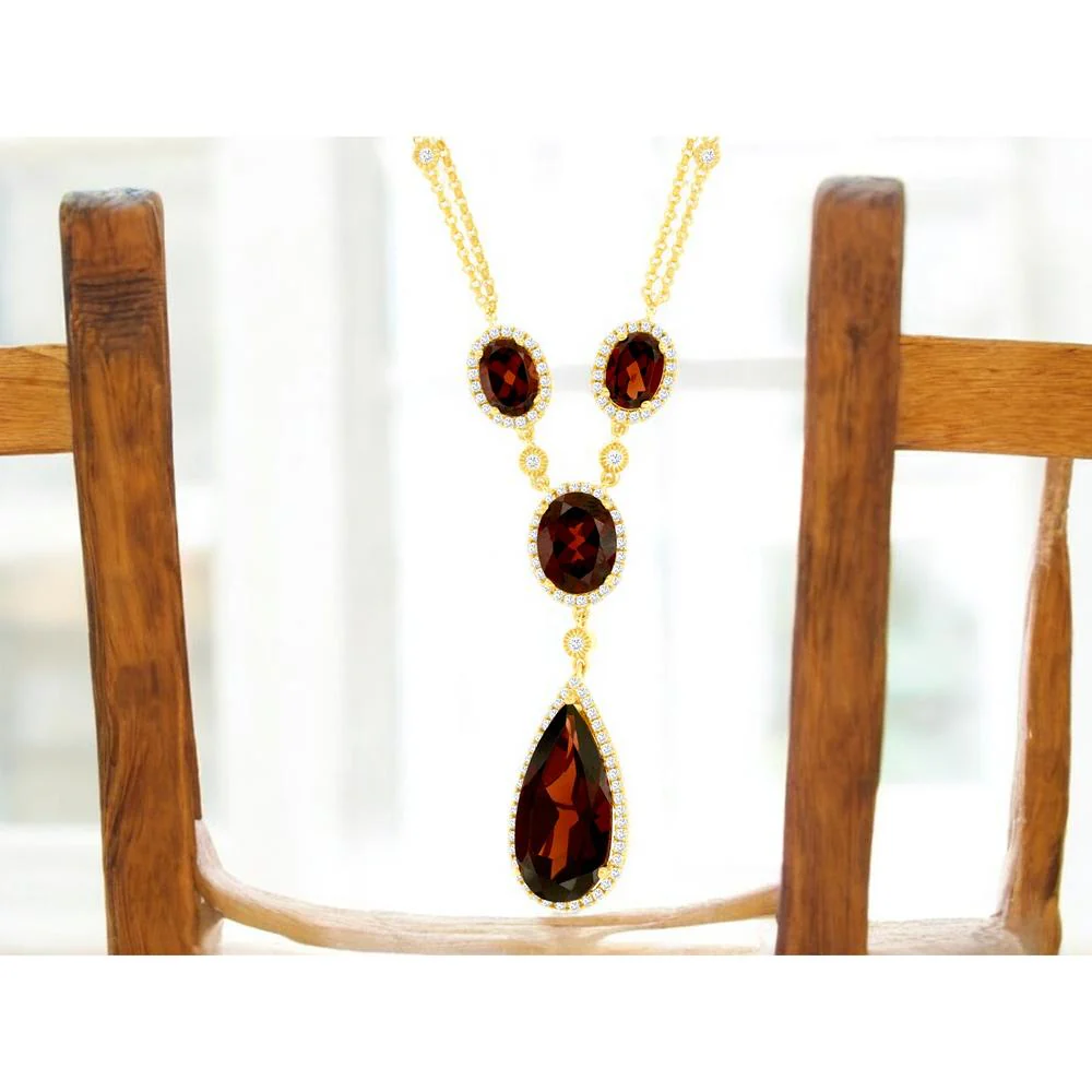14K Yellow Gold Garnet and Diamond Pendant Necklace - 8 Carats Total Garnet Weight, 0.80 Carats Total Diamond Weight - Royal Jewelry - Image 2