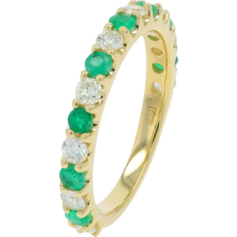 14K Yellow Gold Gemstone Band with Emerald and Diamond Accent Stones - 0.14 Carat Emerald, 0.15 Carat Diamond Total Weight