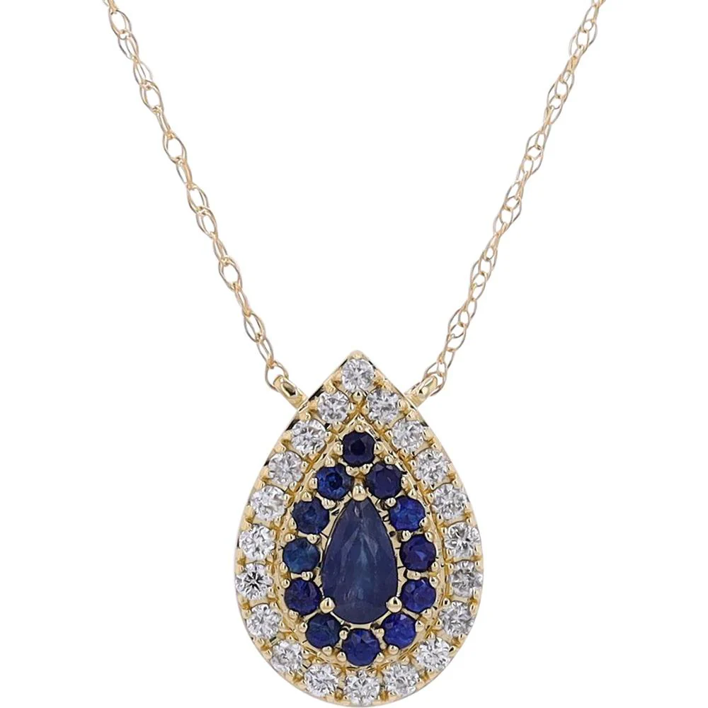 14K Yellow Gold Gemstone Drop Pendant with Sapphire and Diamonds - 0.35 Carat to 0.45 Carat Sapphire, 0.17 Carat Total Diamond Weight