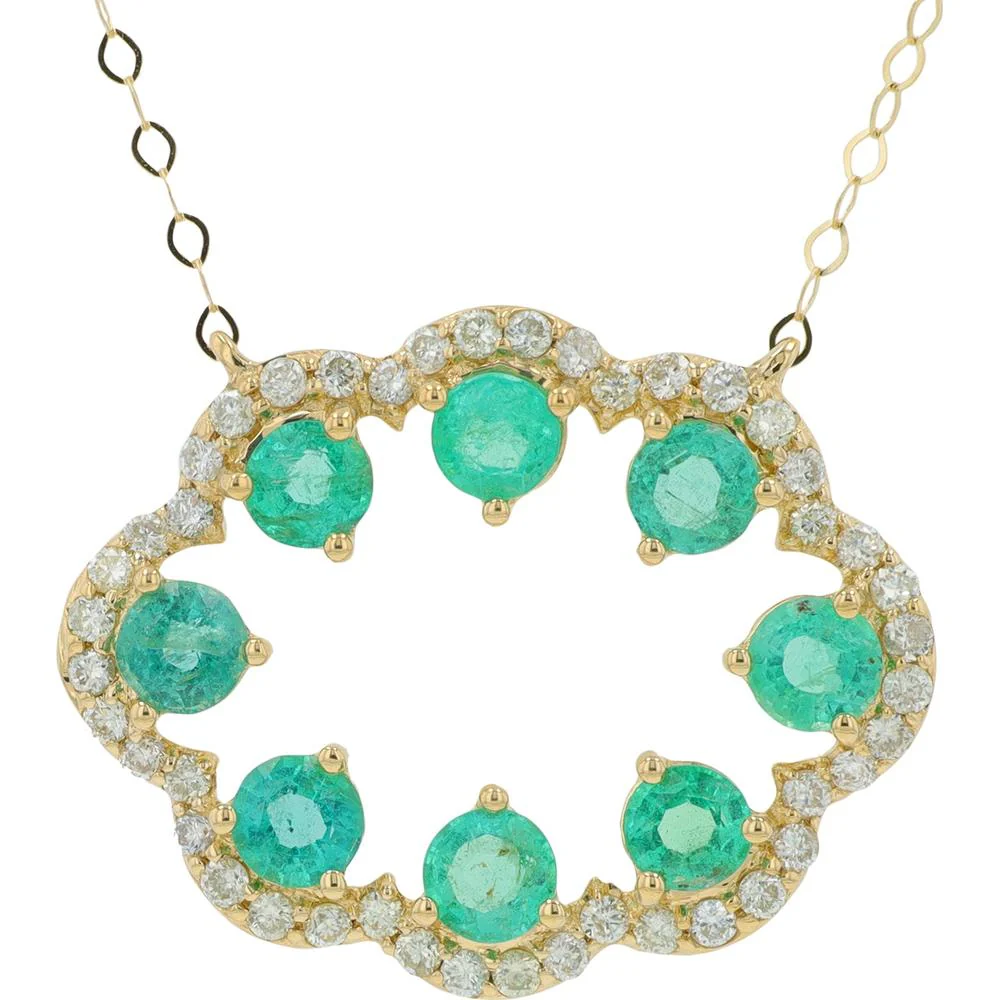 14K Yellow Gold Gemstone Necklace with Emeralds and Diamonds - 1.25 Carat Total Gemstone Weight