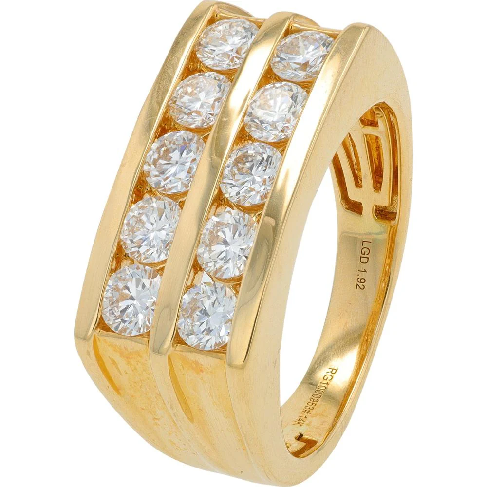 14K Yellow Gold Gents Ring with 1.92 Carat Total Lab Grown Round Diamonds in Channel Setting
