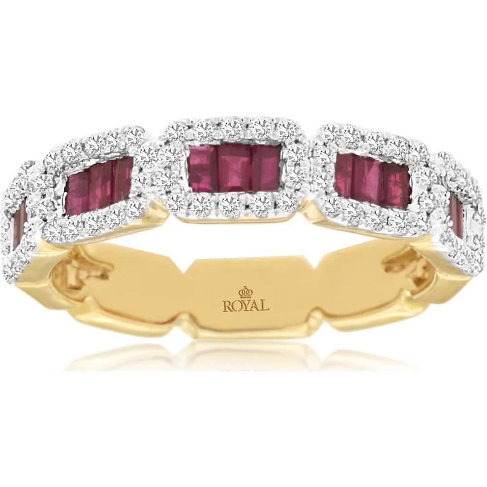 14K Yellow Gold Geometric Band Ring with Baguette Rubies and Pavé Diamond Halos - 0.90 Carat Ruby Total Weight, 0.37 Carat Diamond Total Weight - Royal Jewelry