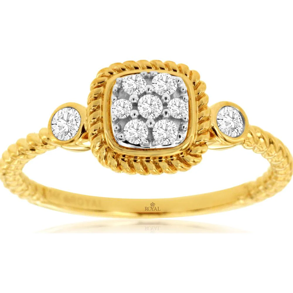 14K Yellow Gold Geometric Cluster Diamond Ring with Round Diamonds and Rope-Inspired Detail - 0.19 Carat Total Diamond Weight - Royal Jewelry