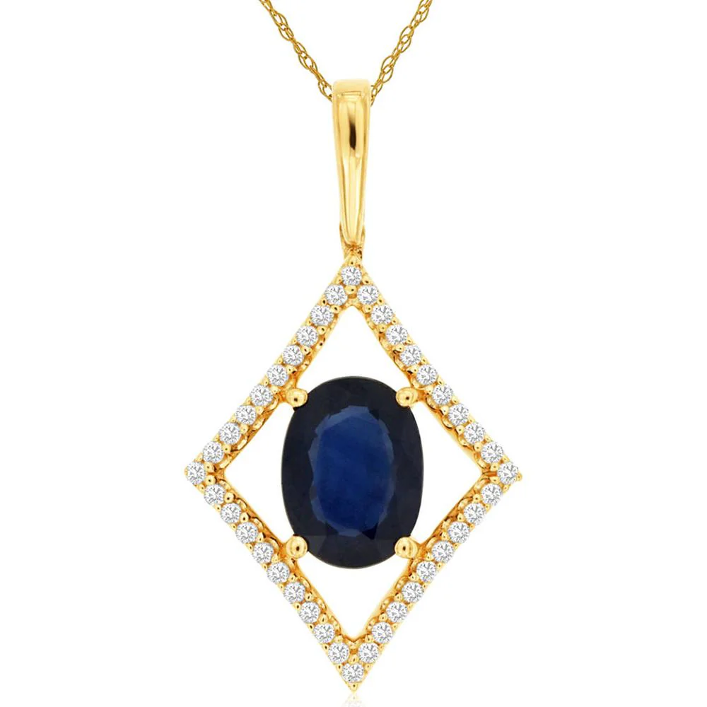 14K Yellow Gold Geometric Diamond Halo Pendant with Oval Blue Sapphire - 1.40 Carat Sapphire, 0.15 Carat Total Diamond Weight - Royal Jewelry