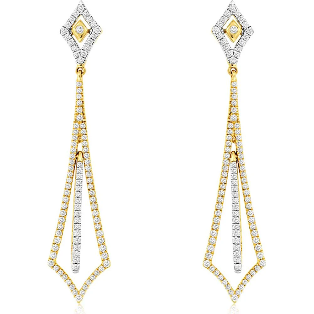 14K Yellow Gold Geometric Drop Earrings with Two-Tone Diamond Frame Design – 0.70 Carat Total Diamond Weight - Royal Jewelry