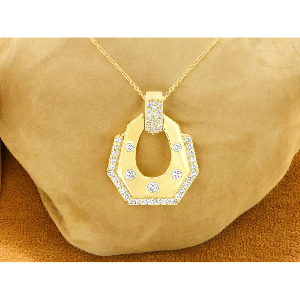 14K Yellow Gold Geometric Horseshoe Pendant Necklace with Flush-Set and Pavé Round Diamonds - 0.36 Carat Total Diamond Weight - Royal Jewelry - Image 2