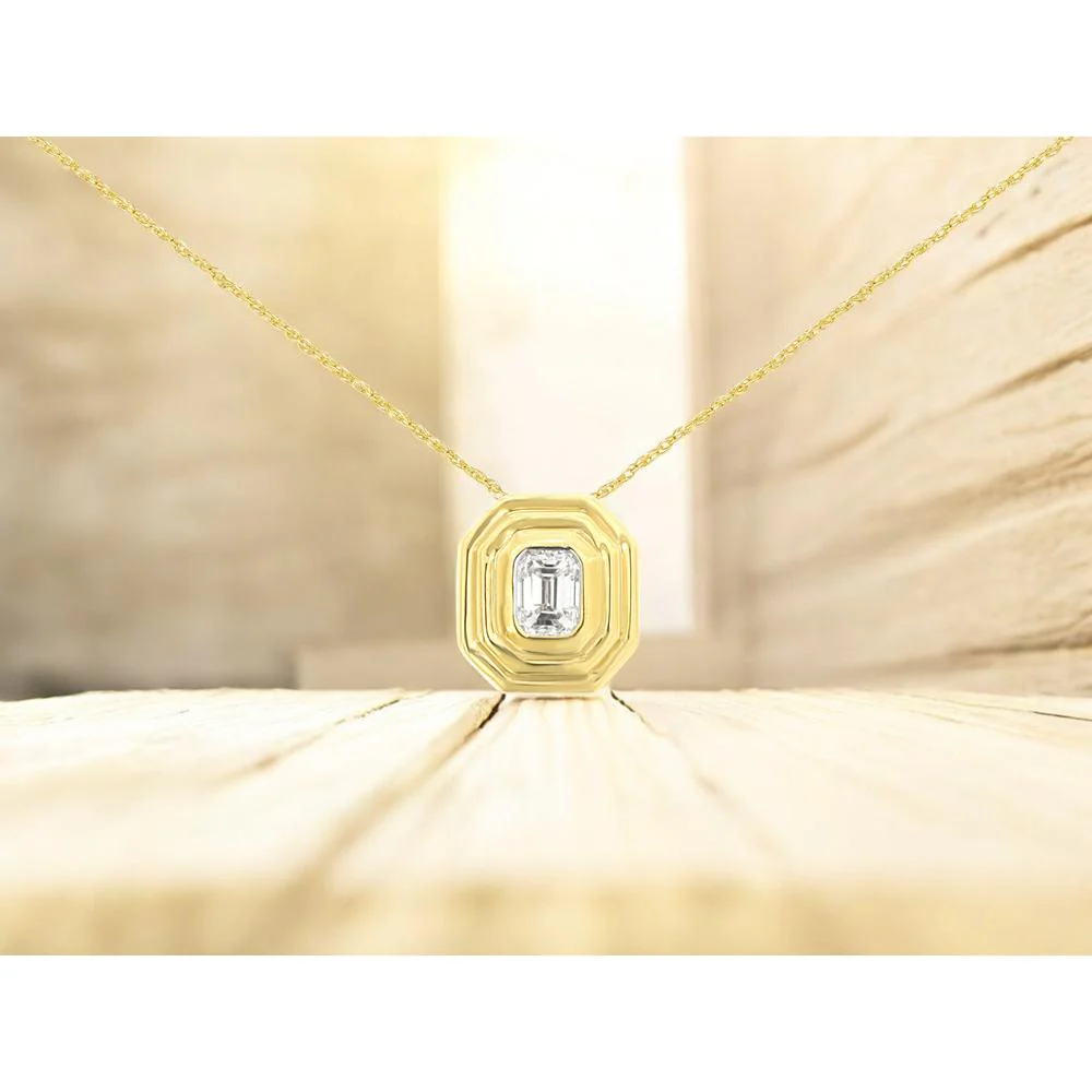 14K Yellow Gold Geometric Pendant Necklace with 0.10 Carat Emerald Cut Diamond - Royal Jewelry - Image 2