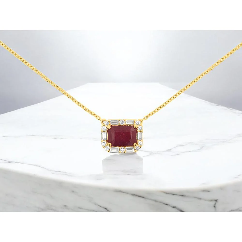 14K Yellow Gold Geometric Ruby Necklace with Round and Baguette Diamond Halo - 1.10 Carat Ruby & 0.18 Carat Total Diamond Weight - Royal Jewelry - Image 2