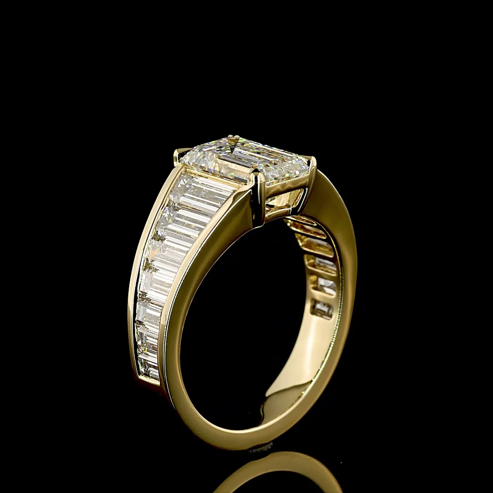 14K Yellow Gold Geometric Special Ring with 2.16 Carat Emerald Cut Lab Diamond Center and Graduated Baguette Lab Diamonds - 4.49 Carat Total Diamond Weight - Covaloro Fine Jewelry - Image 4