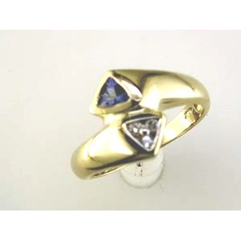 14K Yellow Gold Geometric Trillion Cut Tanzanite Ring with Round Diamond Accent - 0.25 Carat Tanzanite, 0.07 Carat Diamond - Royal Jewelry