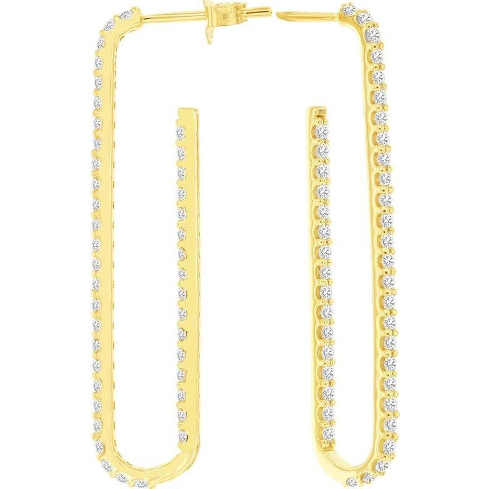 14K Yellow Gold Geometric U-Shape Hoop Earrings with Prong Set Round Diamonds - 1.00 Carat Total Diamond Weight - Royal Jewelry