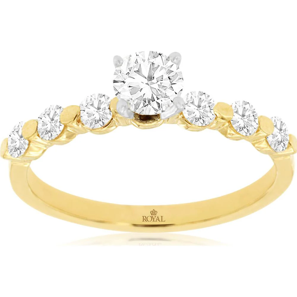 14K Yellow Gold Graduated Diamond Engagement Ring with Round Brilliant Center Stone and Accent Diamonds - 0.82 Carat Total Diamond Weight - Royal Jewelry