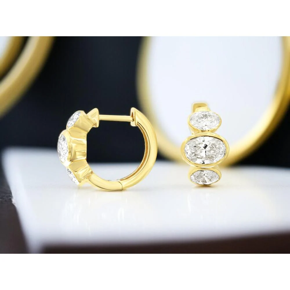 14K Yellow Gold Graduated Huggie Earrings with Bezel Set Oval Lab Grown Diamonds - 2.50 Carat Total Diamond Weight - Royal Jewelry - Image 2