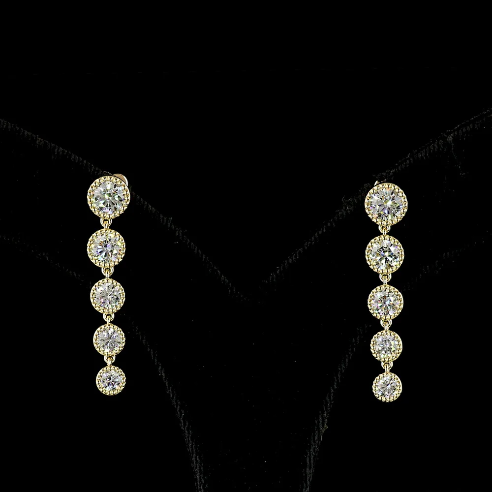 14K Yellow Gold Graduated Round Diamond Drop Earrings with Bezel Setting - 2.82 Carats Total Carat Weight Lab Grown D VS Diamonds - Covaloro Fine Jewelry