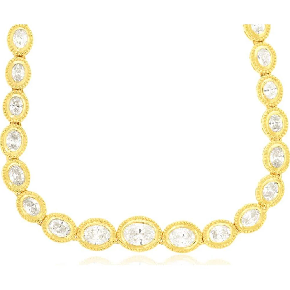 14K Yellow Gold Graduated Tennis-Style Necklace with Milgrain Bezel-Set Oval Diamonds – 3.10 Carat Total Diamond Weight - Royal Jewelry