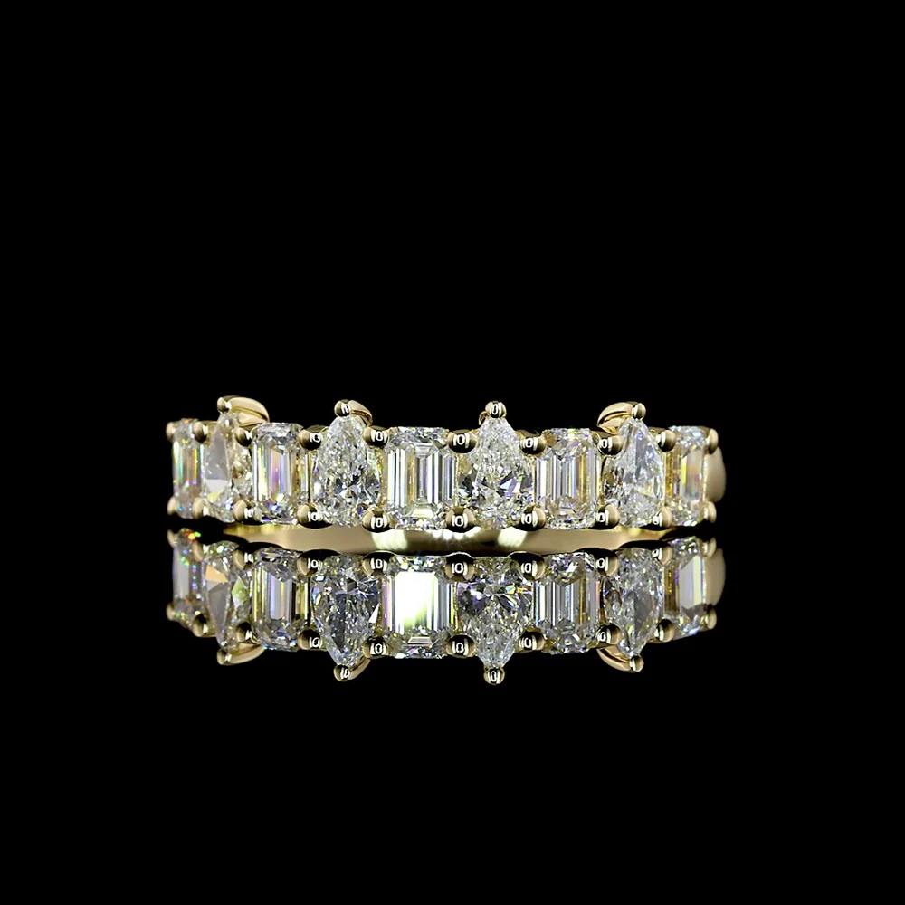 14K Yellow Gold Half Eternity Band with Alternating Emerald Cut and Pear Shape Lab Diamonds - 0.89 Carats Total Diamond Weight - Covaloro Fine Jewelry