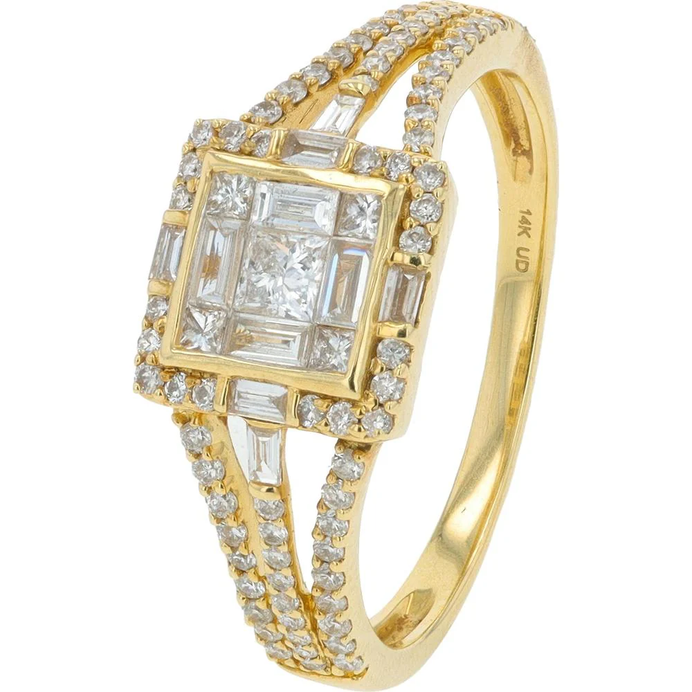 14K Yellow Gold Halo Diamond Ring with Square Center Stone - 0.60 Carat Total Diamond Weight