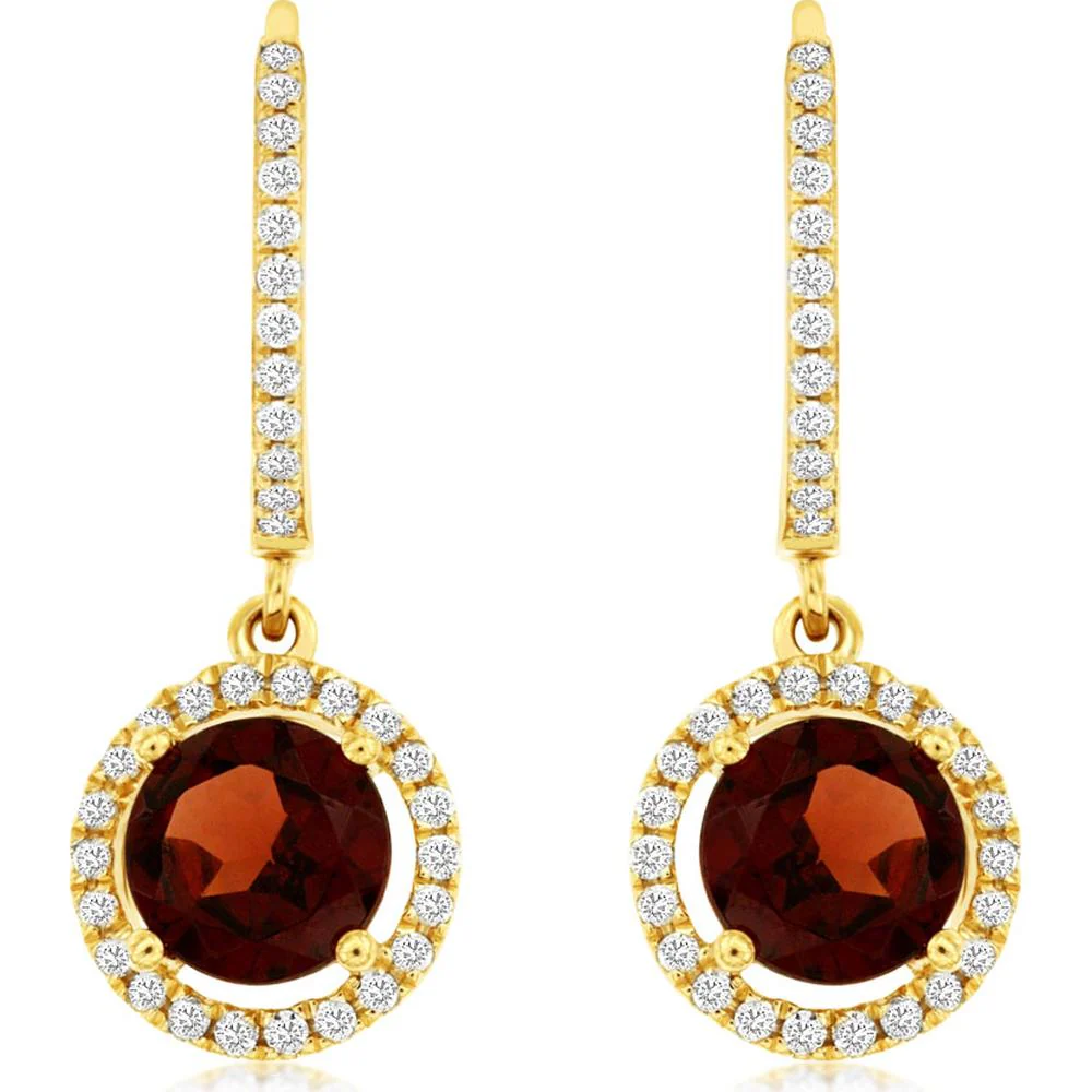 14K Yellow Gold Halo Drop Earrings with Round Garnet and Pavé Diamond Accents - 1.90 Carat Total Garnet Weight, 0.26 Carat Total Diamond Weight - Royal Jewelry