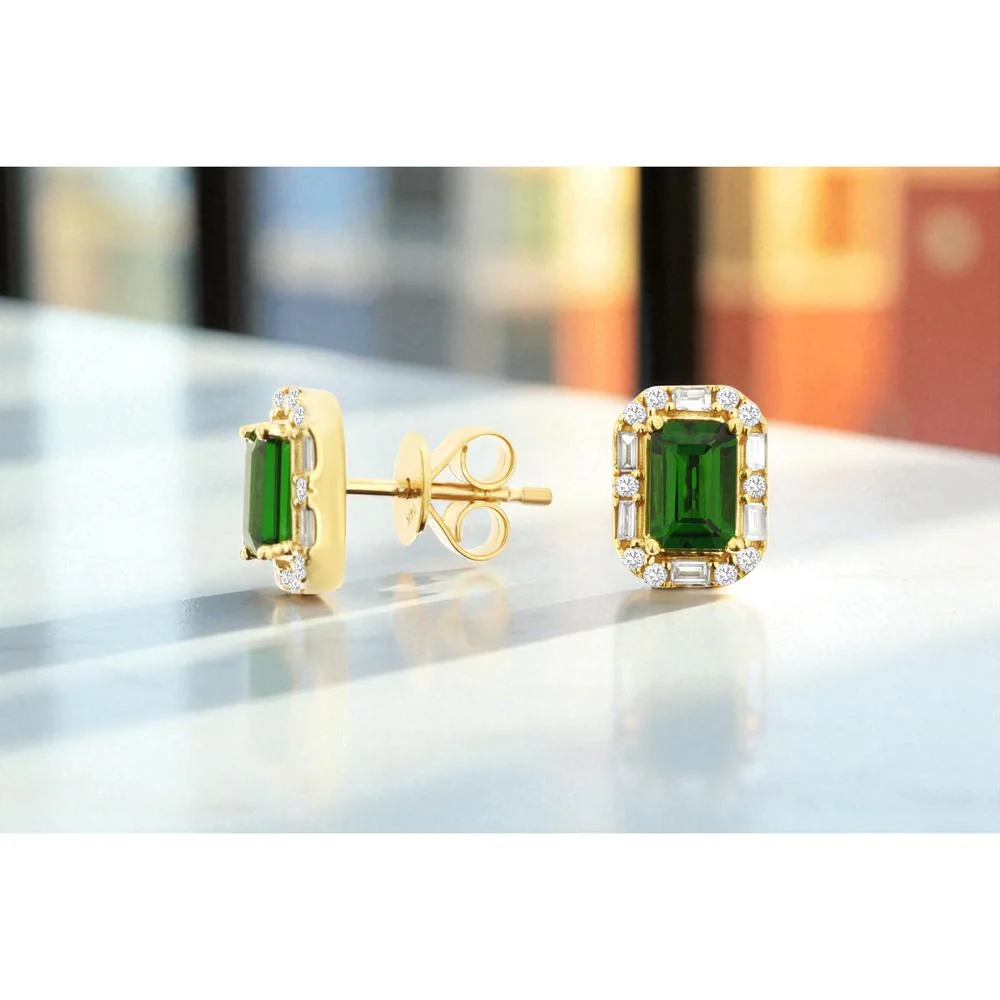 14K Yellow Gold Halo Earrings with Emerald-Cut Russalite and Round & Baguette Diamonds - 1.20 Carat Total Russalite Weight, 0.27 Carat Total Diamond Weight - Royal Jewelry - Image 2