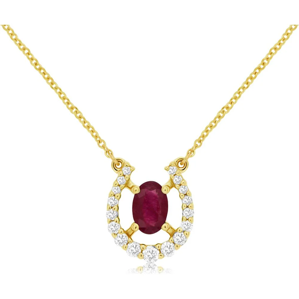 14K Yellow Gold Halo Necklace with Oval Ruby and Round Diamonds - 0.55 Carat Ruby & 0.20 Carat Diamond Total Weight - Royal Jewelry