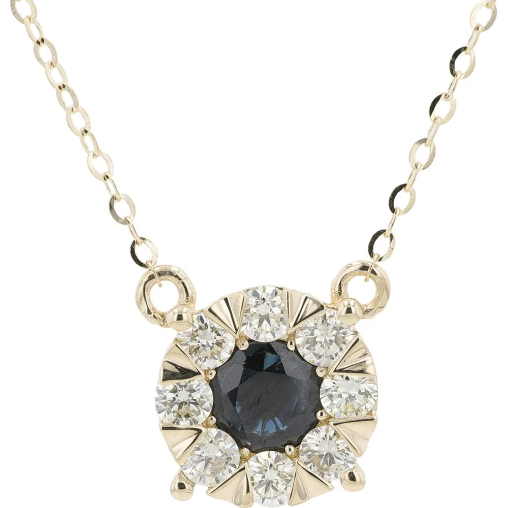14K Yellow Gold Halo Necklace with Round Sapphire and Prong - Set Diamond Accents - 0.50 - 0.65 Carat Sapphire, 0.60 Carat Total Diamond Weight