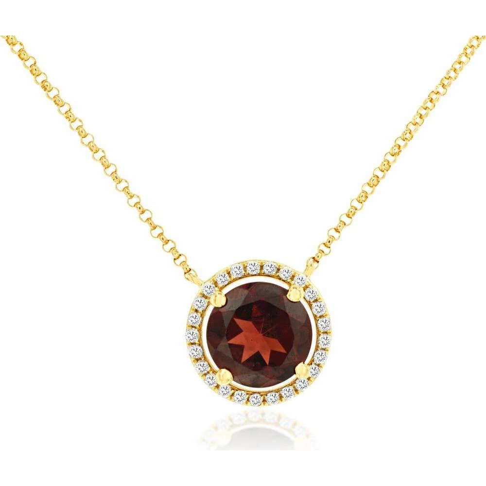 14K Yellow Gold Halo Pendant Necklace with 2.20 Carat Round Garnet and 0.14 Carat Diamond Accents - Royal Jewelry